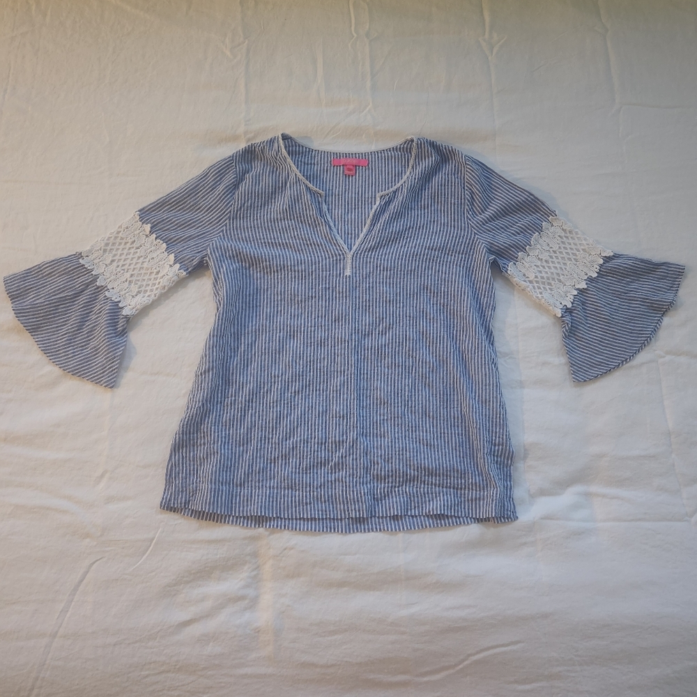 Lilly Pulitzer Amelia Island Flounce Sleeve Tunic in Blue Stripe, Size M - Picture 2 of 7